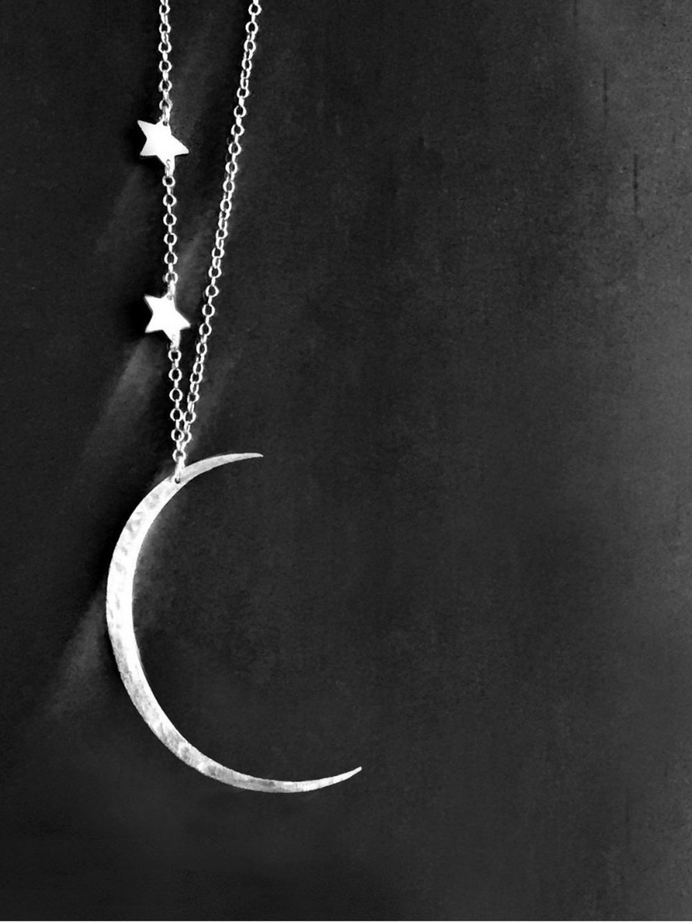 Sterling silver large crescent moon with stars pendant and chain necklace